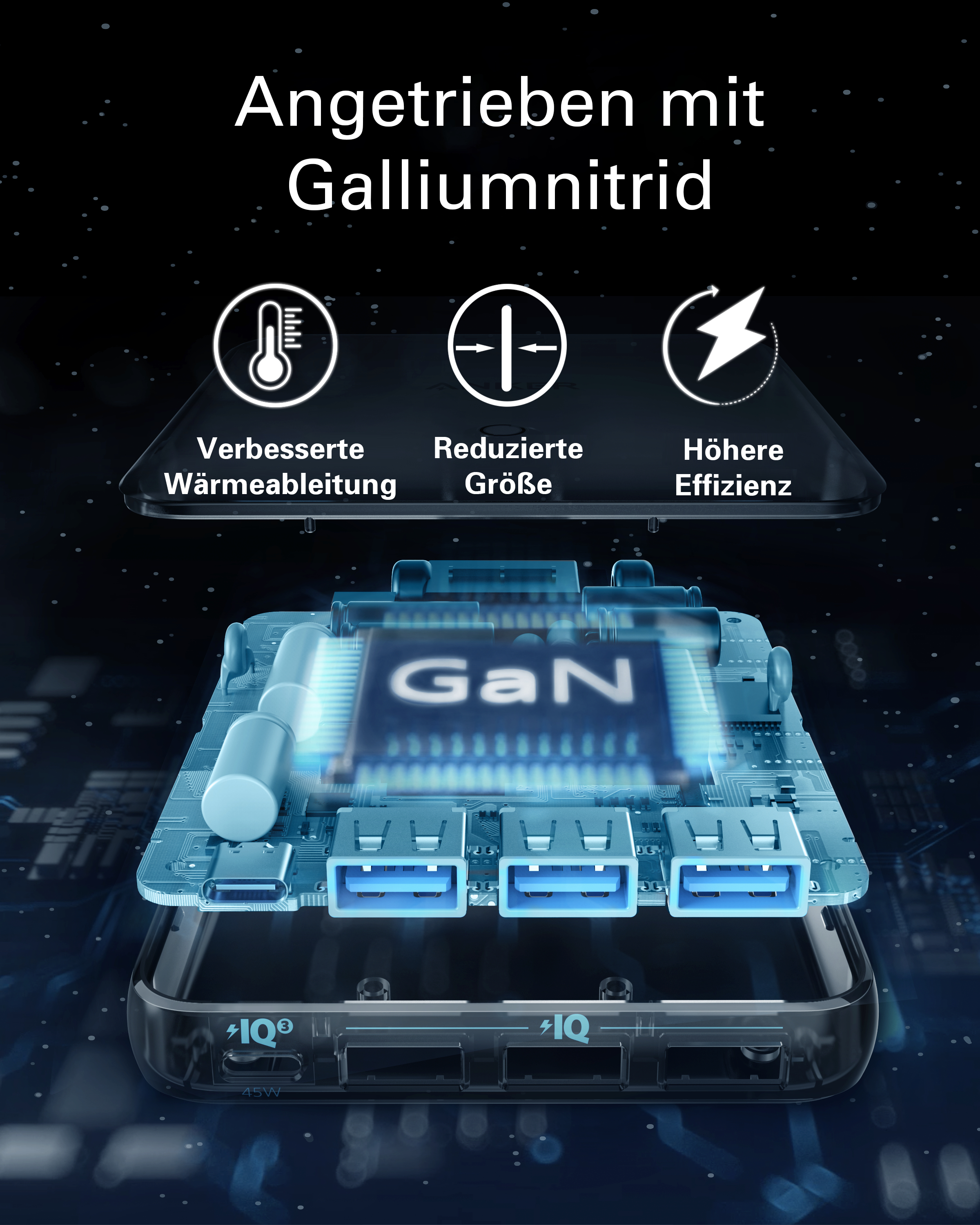 Blau getönte Powerbank mit GaN-Etikett. Symbole zeigen Wärme, Größe und Effizienz.