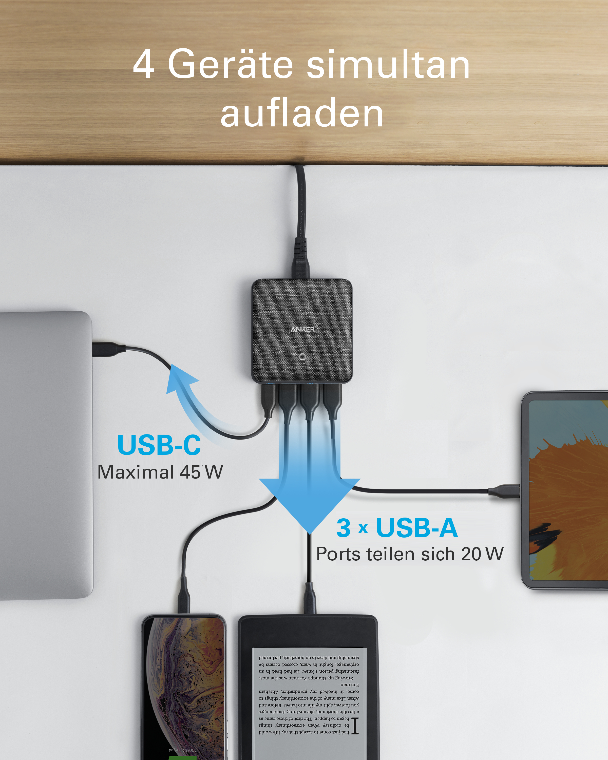 Mehrere Geräte sind an einen schwarzen Netzadapter angeschlossen. Pfeile zeigen den Energiefluss. Text: '4 Geräte gleichzeitig'.