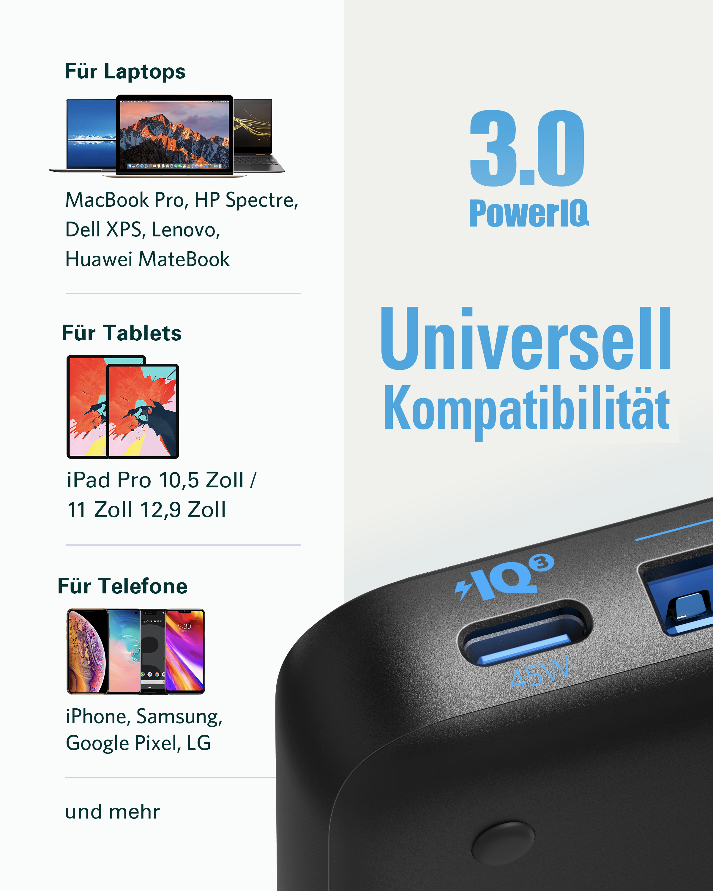 Eine schwarze Powerbank mit Anschlüssen, die Gerätekompatibilität auflistet: Laptops, Tablets und Telefone.