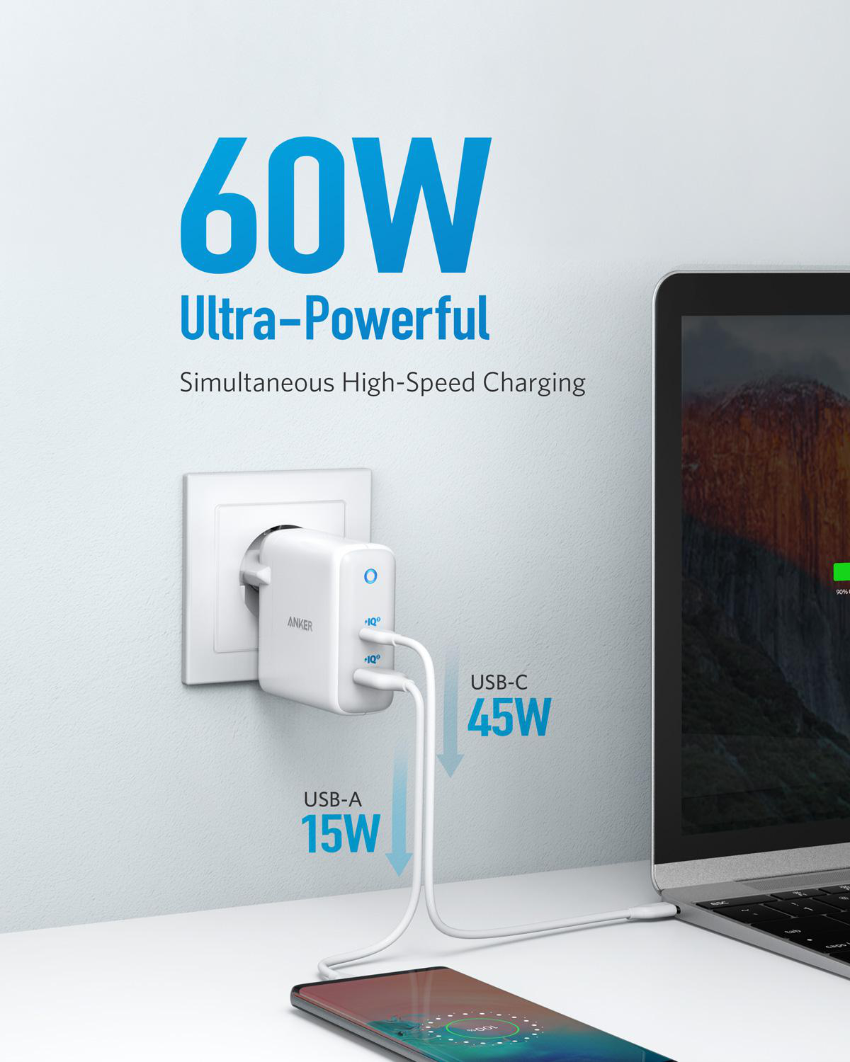 ANKER PowerPort Atom III Ladegerät Universal, 5 - 20 Volt 60 Watt, Weiß