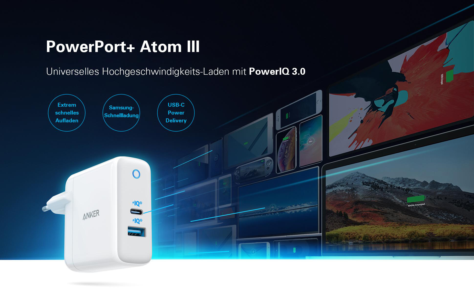 ANKER PowerPort Atom III Ladegerät Universal, 5 - 20 Volt 60 Watt, Weiß