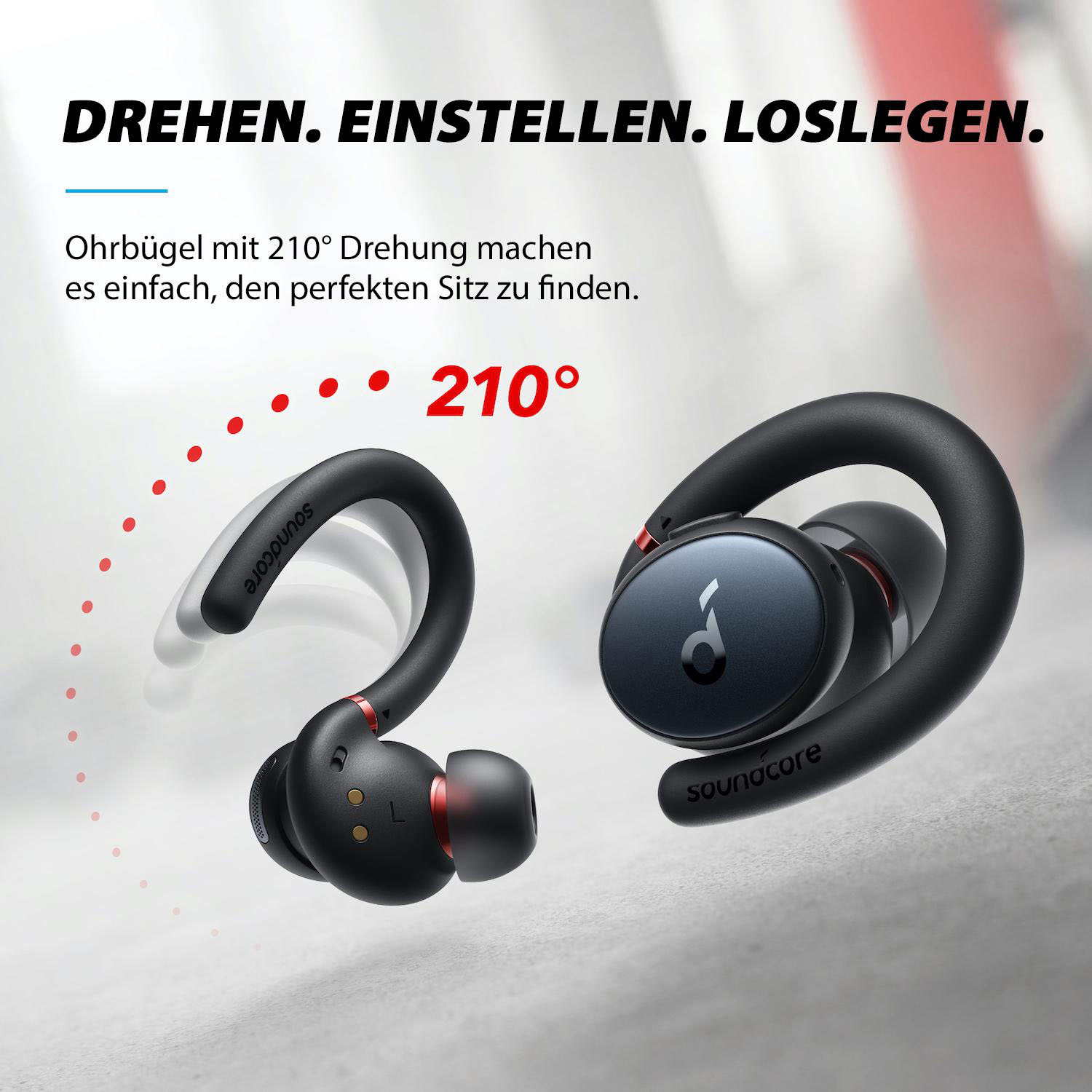 Zwei schwarze Anker Soundcore-Ohrhörer mit rotem Akzent, nebeneinander dargestellt.