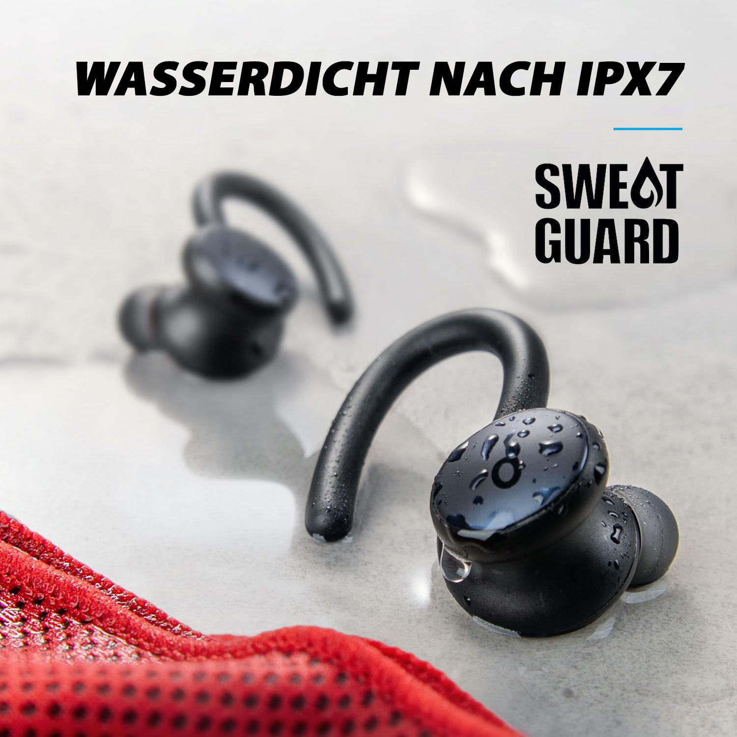 Paar schwarze kabellose Ohrhörer mit Wassertropfen. Text lautet "WASSERDICHT NACH IPX7" und "SWEAT GUARD".