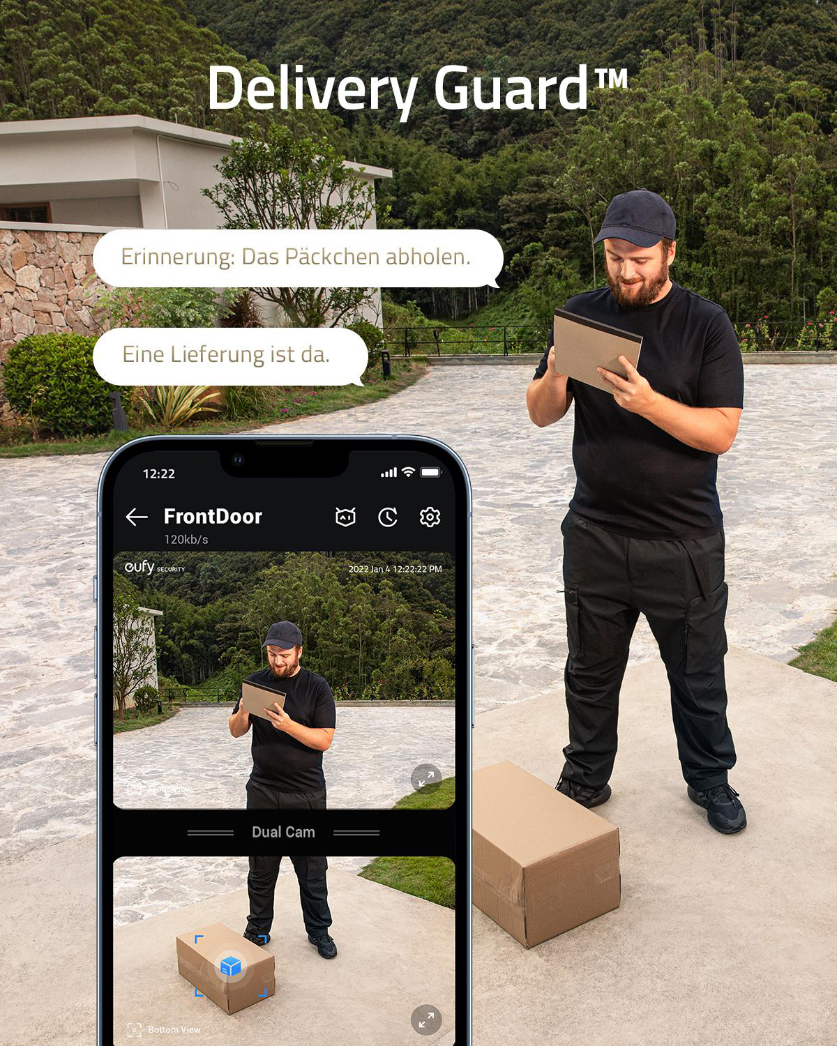 Lieferbote mit Paket blickt auf Tablet. Handy zeigt Überwachungskamera.