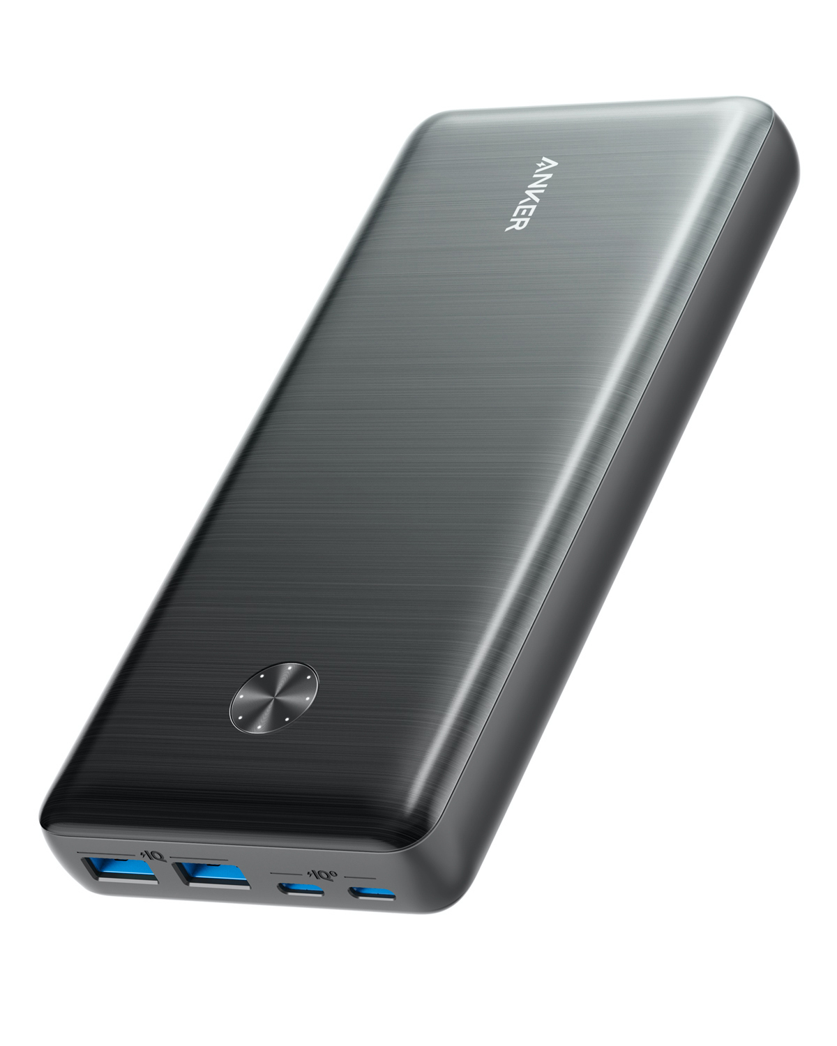 Eine graue Anker Powerbank auf weißem Hintergrund. Sie hat eine gebürstete Metalloberfläche mit USB-Anschlüssen. Das Anker-Logo ist sichtbar.