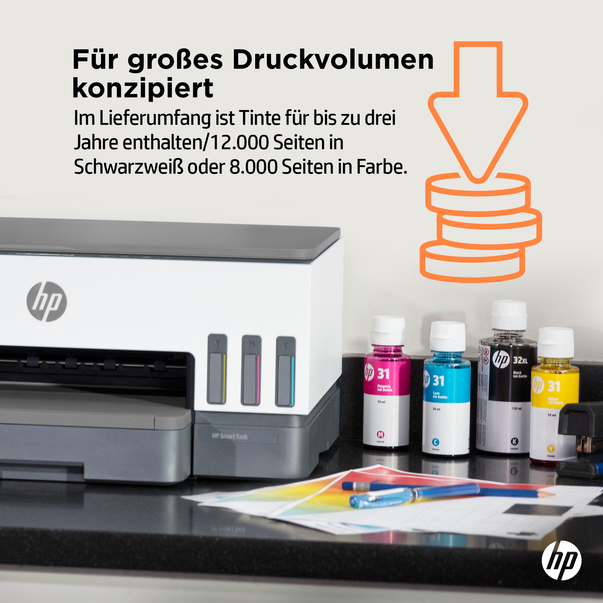 Drucker mit Tintenflaschen. Text erklärt Tinte für 3 Jahre oder 12.000 S/W-Seiten.