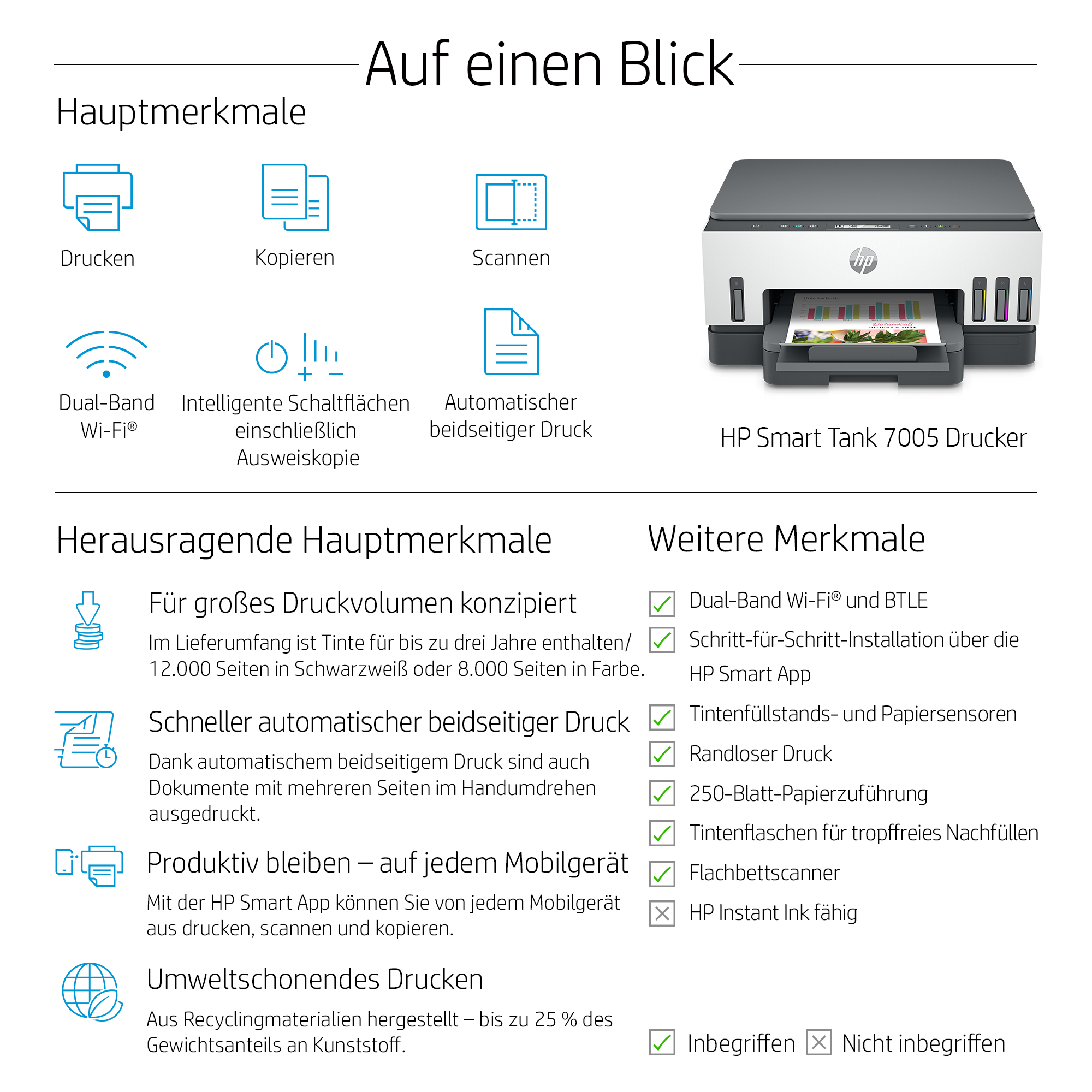 Eine Werbung für einen HP Smart Tank 7005 Drucker mit hervorgehobenen Funktionen und Symbolen.