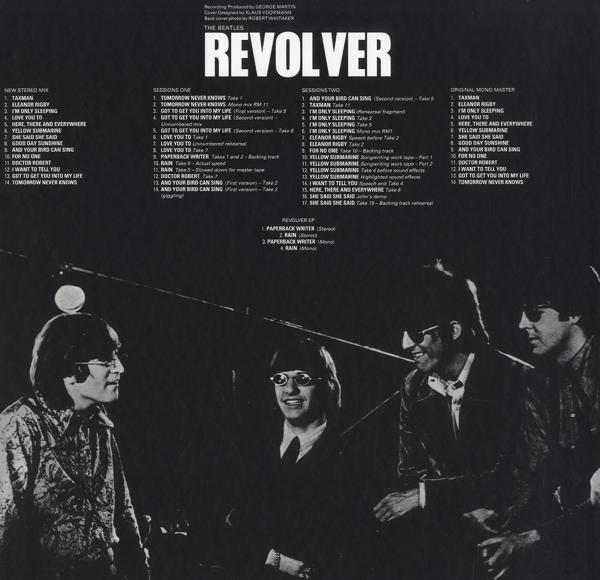 Albumcover von The Beatles' 'Revolver'-Album. Enthält Bandmitglieder und Titellisten.