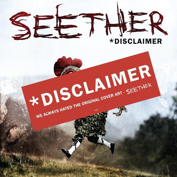 Albumcover von Seether *Disclaimer. Eine Figur in einem Kostüm rennt und hält ein rotes Rechteck mit Text.