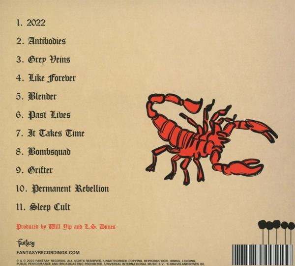 Rückseite einer Musik-CD mit einer Skorpion-Illustration und Titelliste.