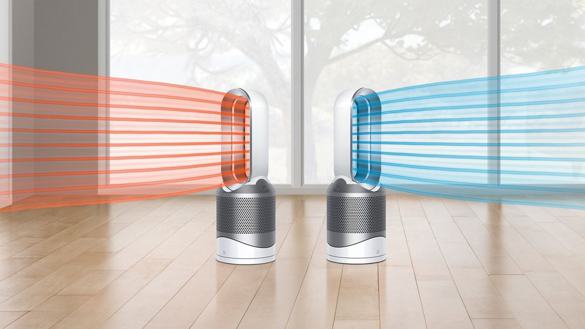 Zwei Dyson-Ventilatoren, einer bläst rote Luft, einer blaue Luft.