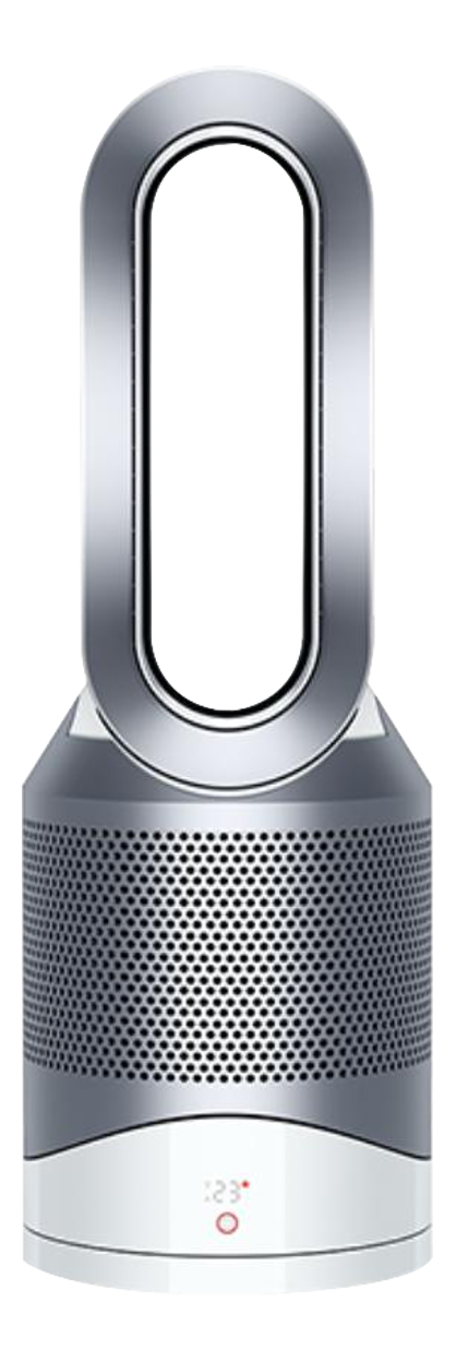 Silberner und weißer Dyson Luftreiniger-Ventilator mit digitaler Anzeige und kreisförmiger Öffnung.