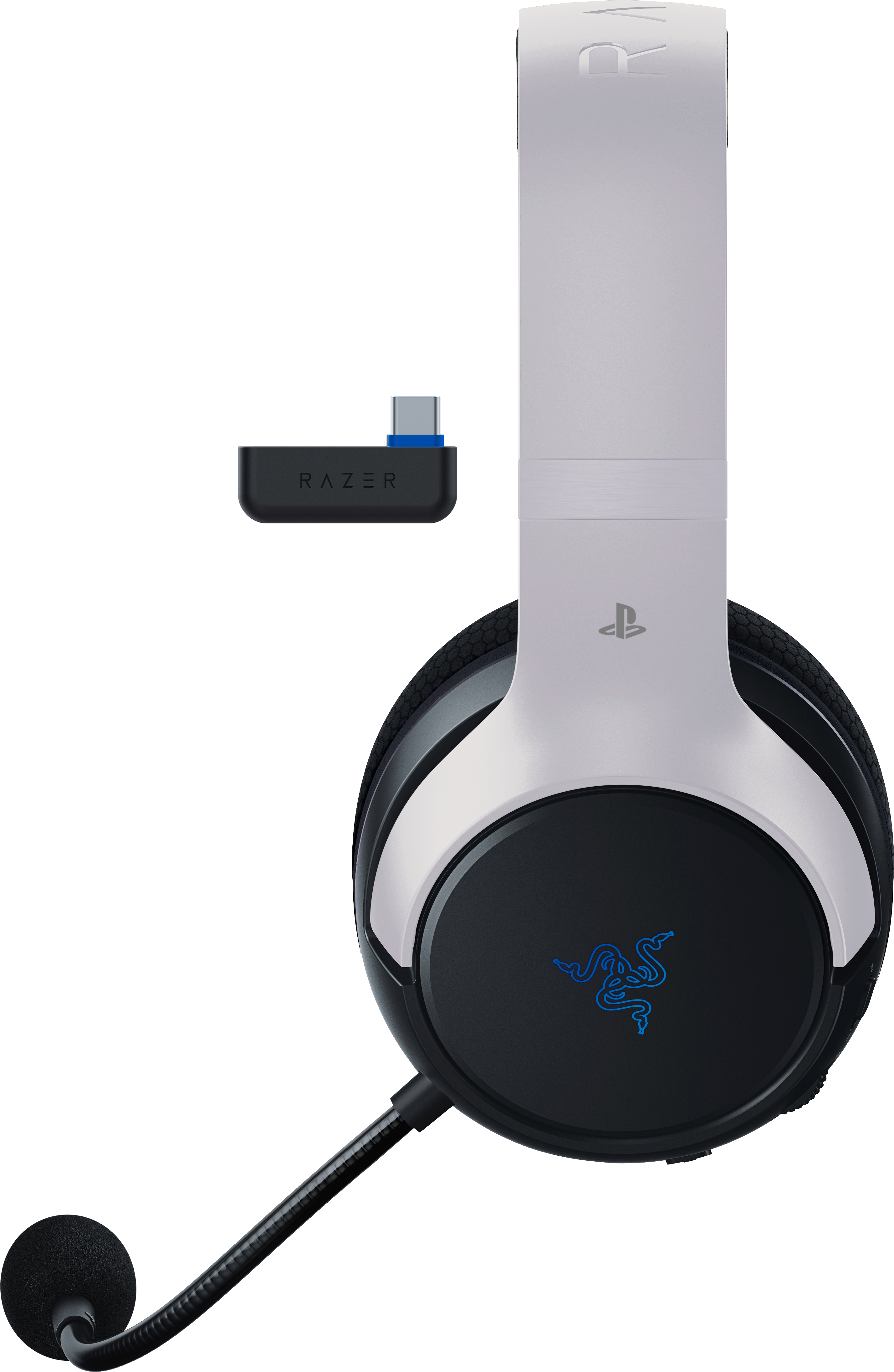 Cuffie da gioco Razer bianche e nere con microfono e trasmettitore USB.
