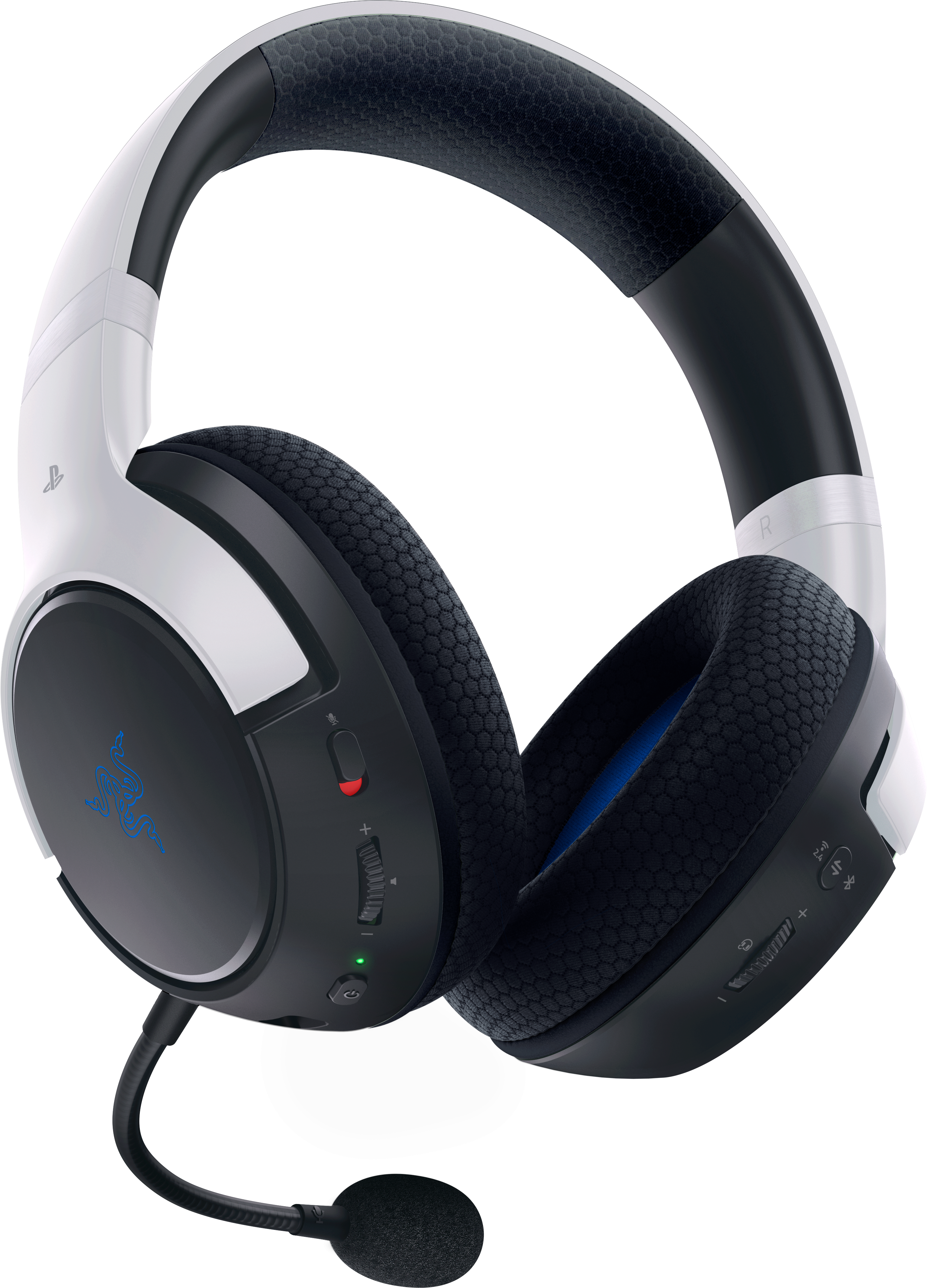 Cuffie da gioco Razer bianche e nere con microfono, che mostrano controlli e branding.