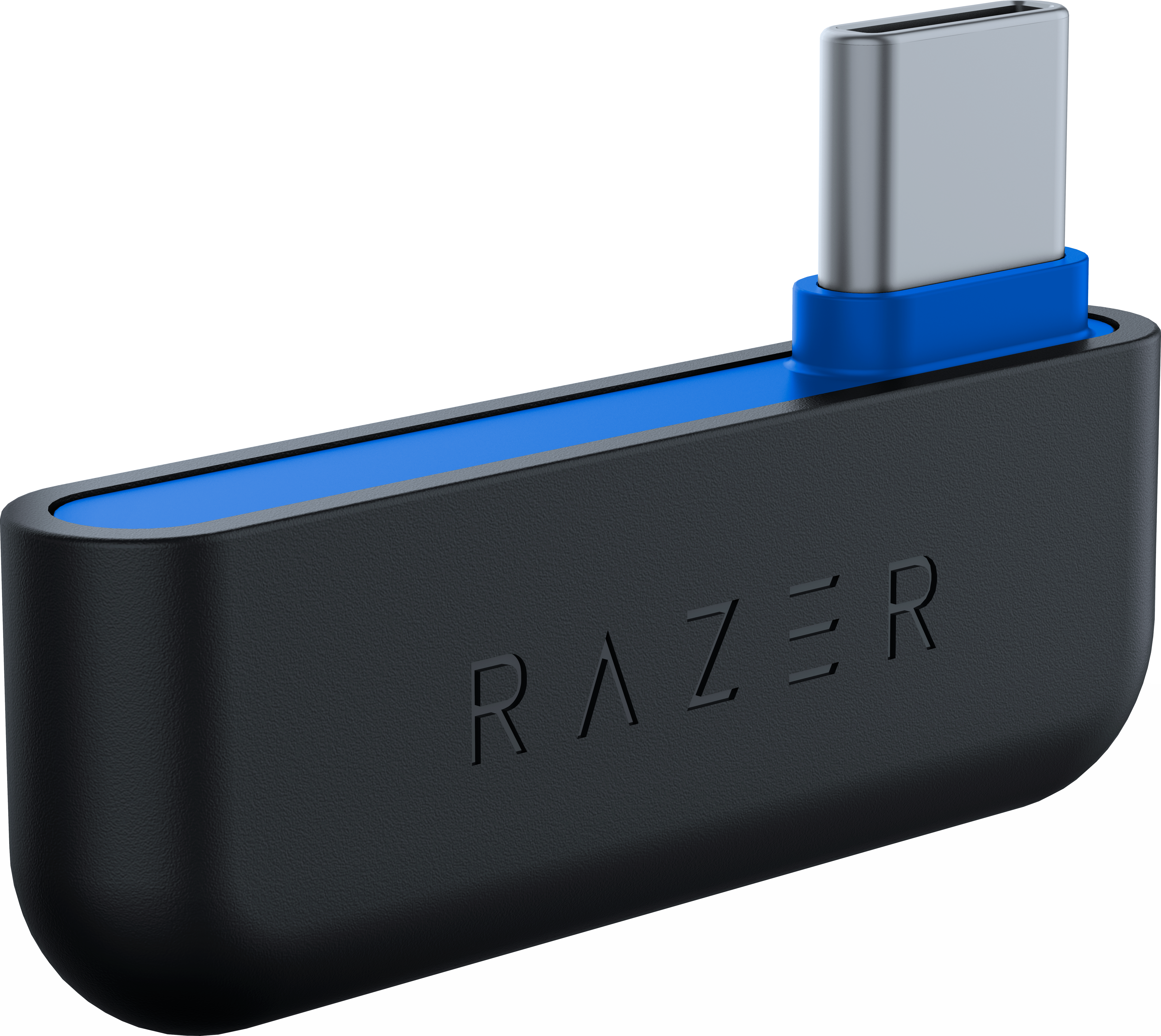 Un adattatore USB-C Razer nero con un accento blu. L'adattatore è rettangolare e ha una porta USB-C.