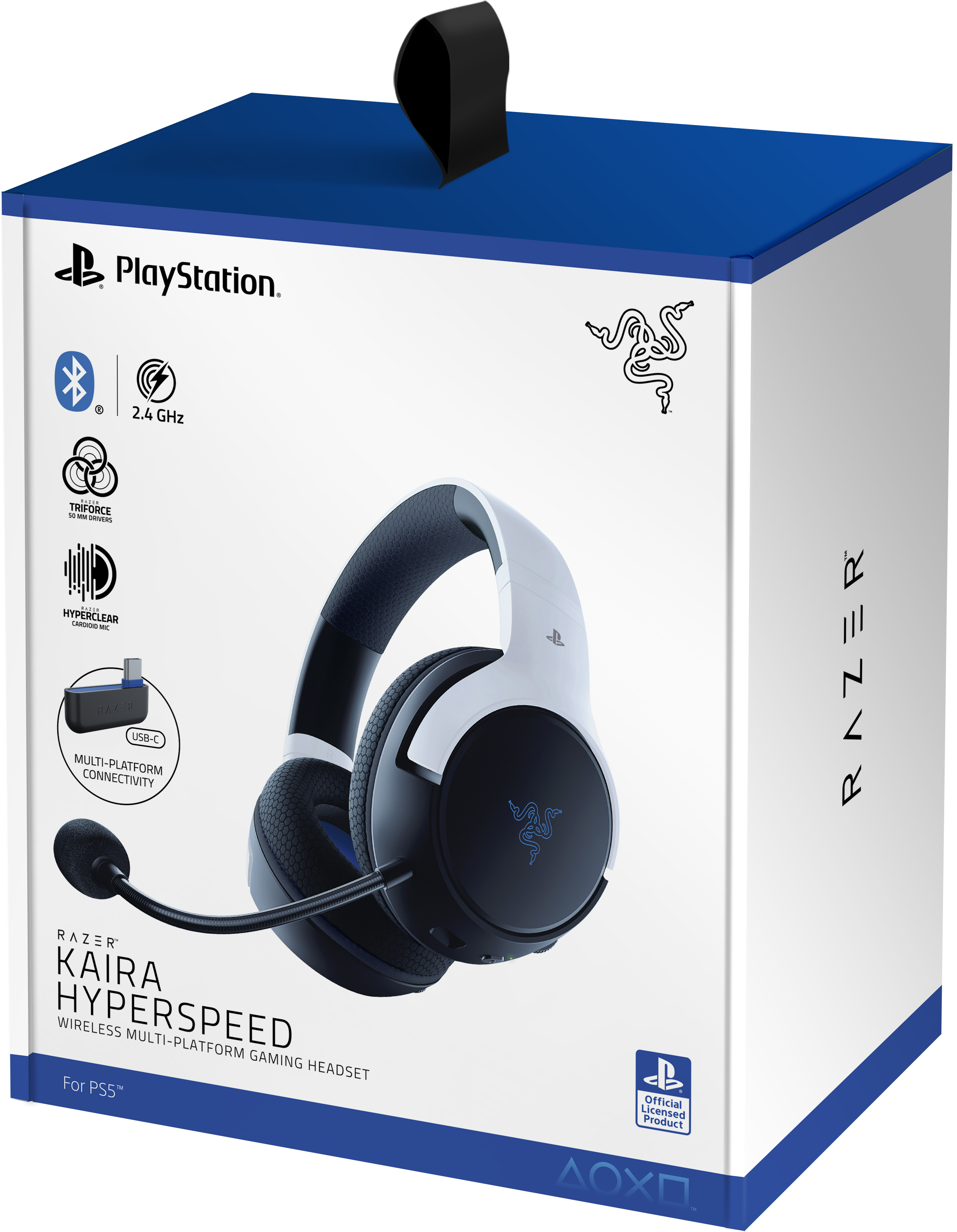 Cuffie da gioco Razer bianche e nere in scatola con dettagli blu.