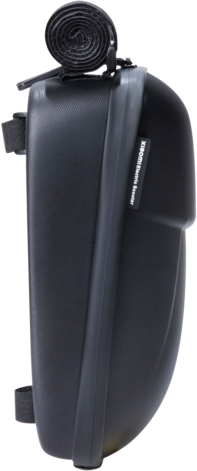 Borsa da bici nera montata lateralmente. Ha cinghie e un'etichetta Xiaomi Electric Booster.