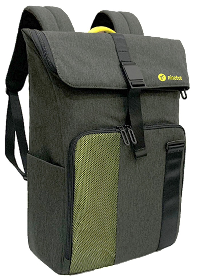 Grauer Ninebot Rucksack. Er hat ein gelbes Detail oben und einen grünen Bereich.