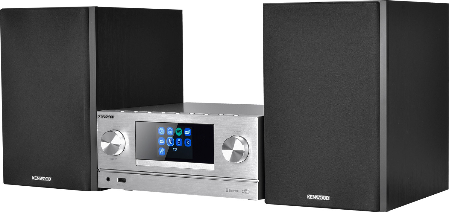 Kenwood stereo system. Silver player between two black speakers. Bluetooth enabled.