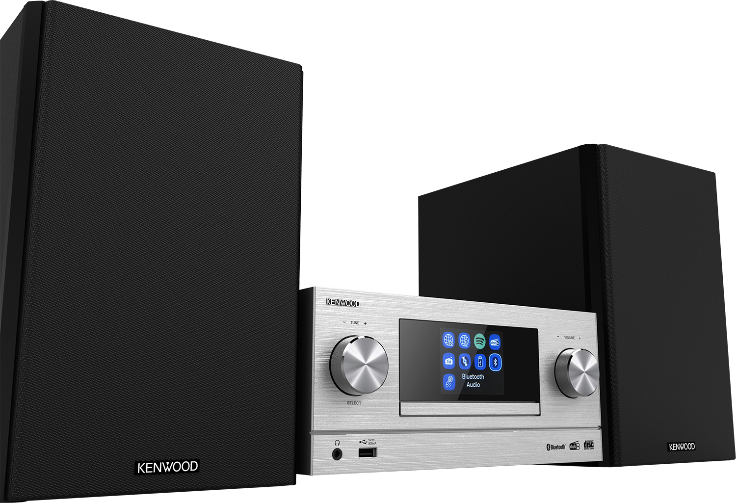 Mini hi-fi system, with speakers and a control panel.