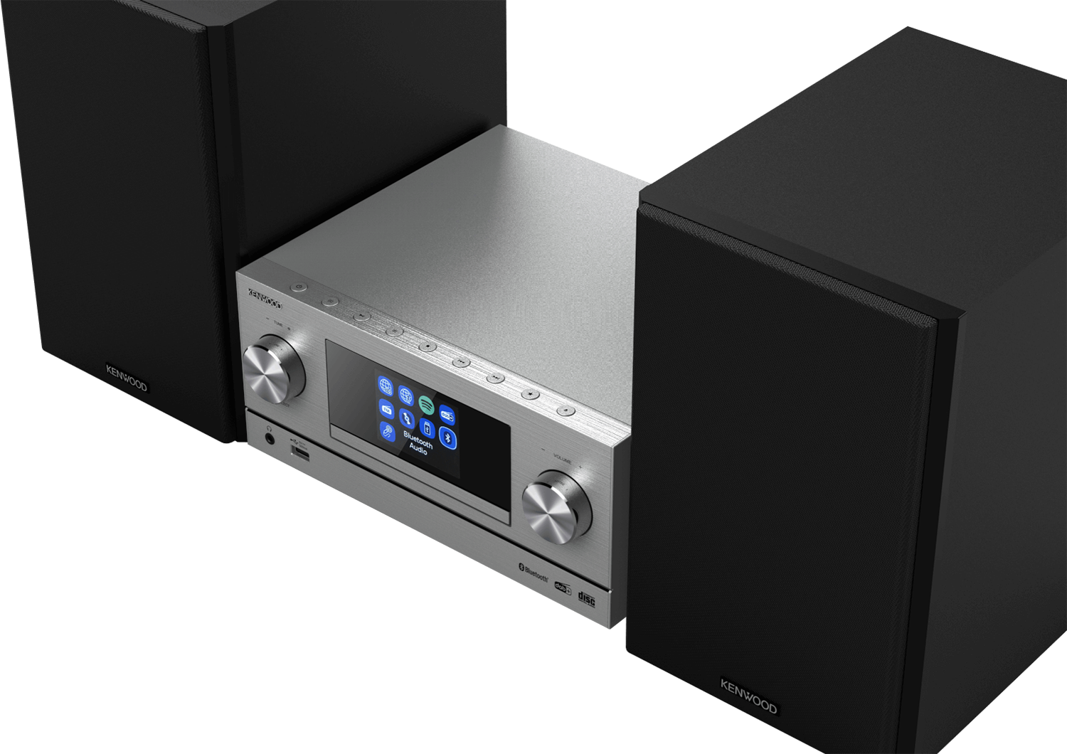 A silver and black stereo system with speakers on either side. The screen shows a colorful interface.