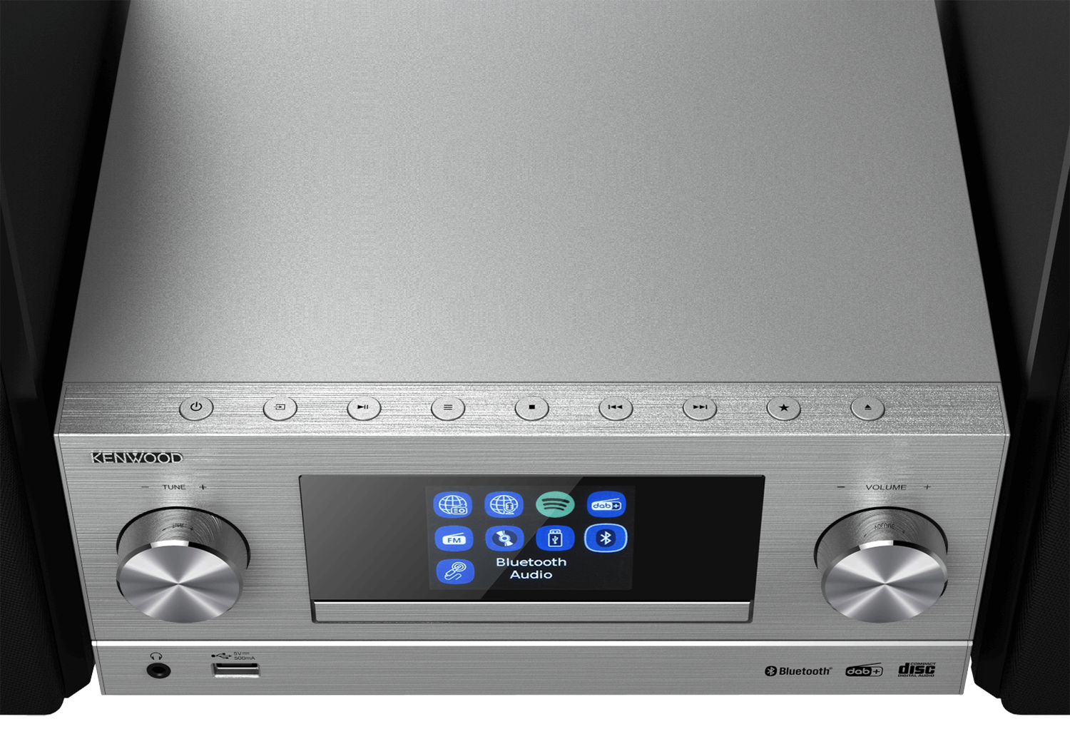 Silver Kenwood stereo system with a display showing icons and buttons.