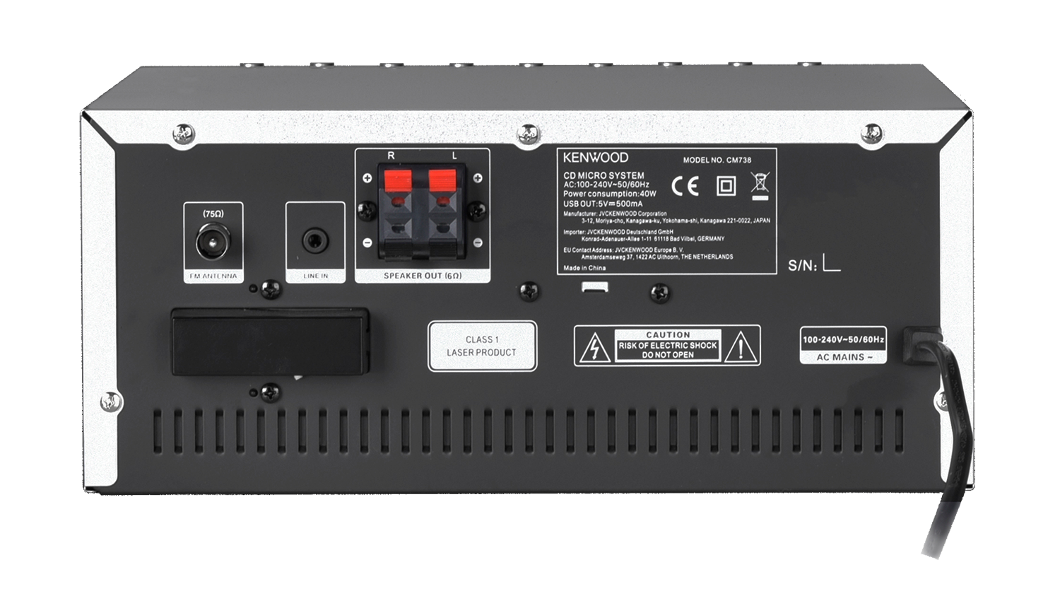 Back view of a Kenwood CD micro system with ports, cables, and labels.