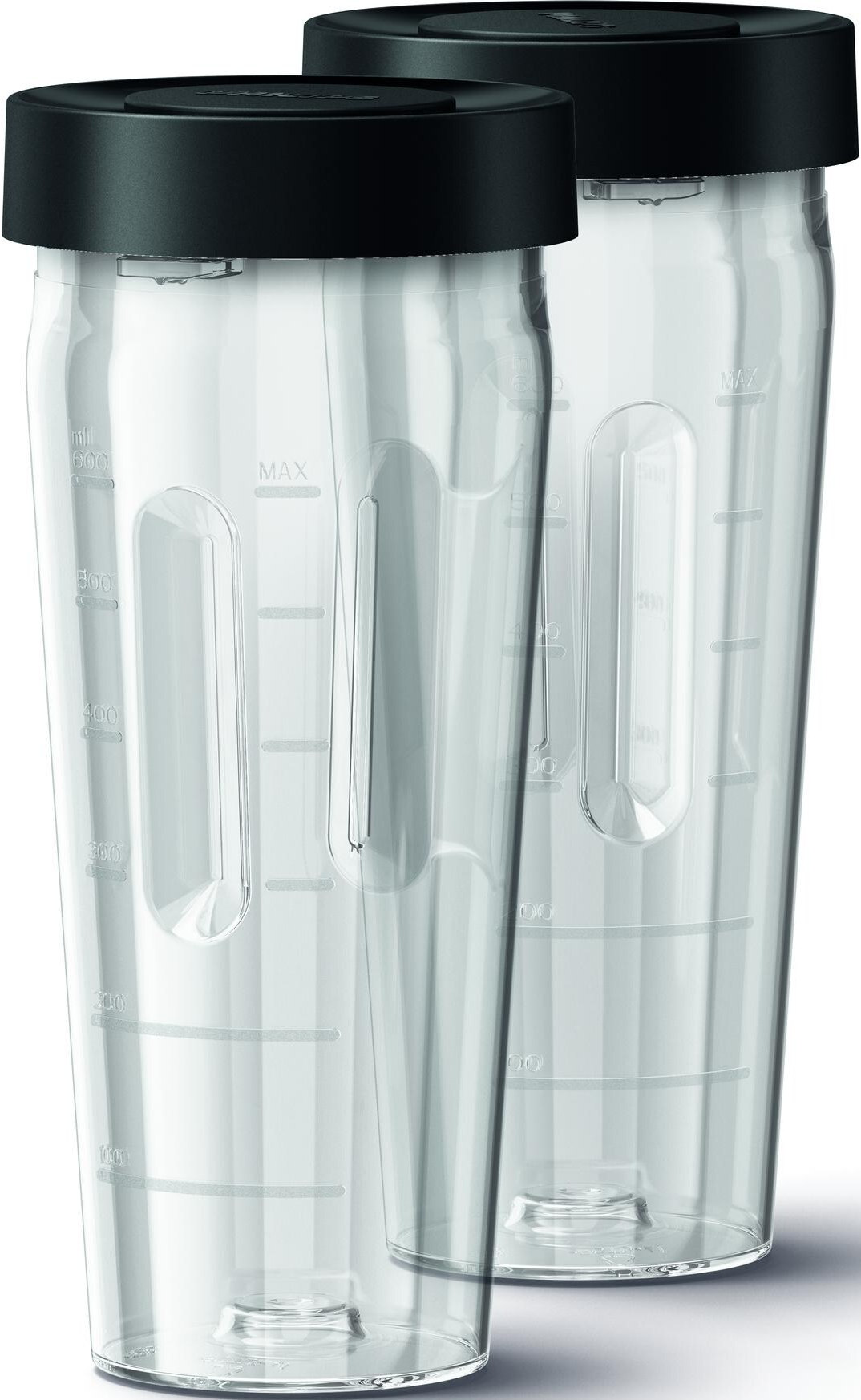 Due caraffe per frullatore in plastica trasparente con segni di misurazione.