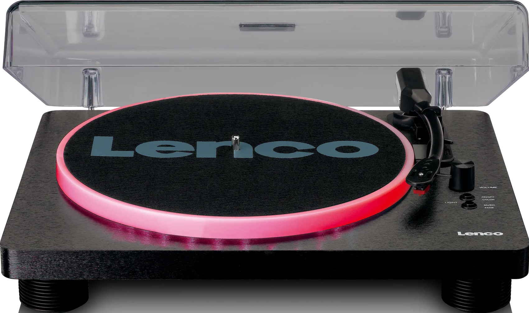 Schwarzer Plattenspieler mit rosa leuchtendem Rand. Lenco Logo auf der Platte.