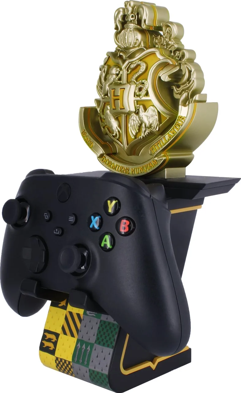 Supporto per controller di gioco con stemma di Hogwarts dorato e controller nero.
