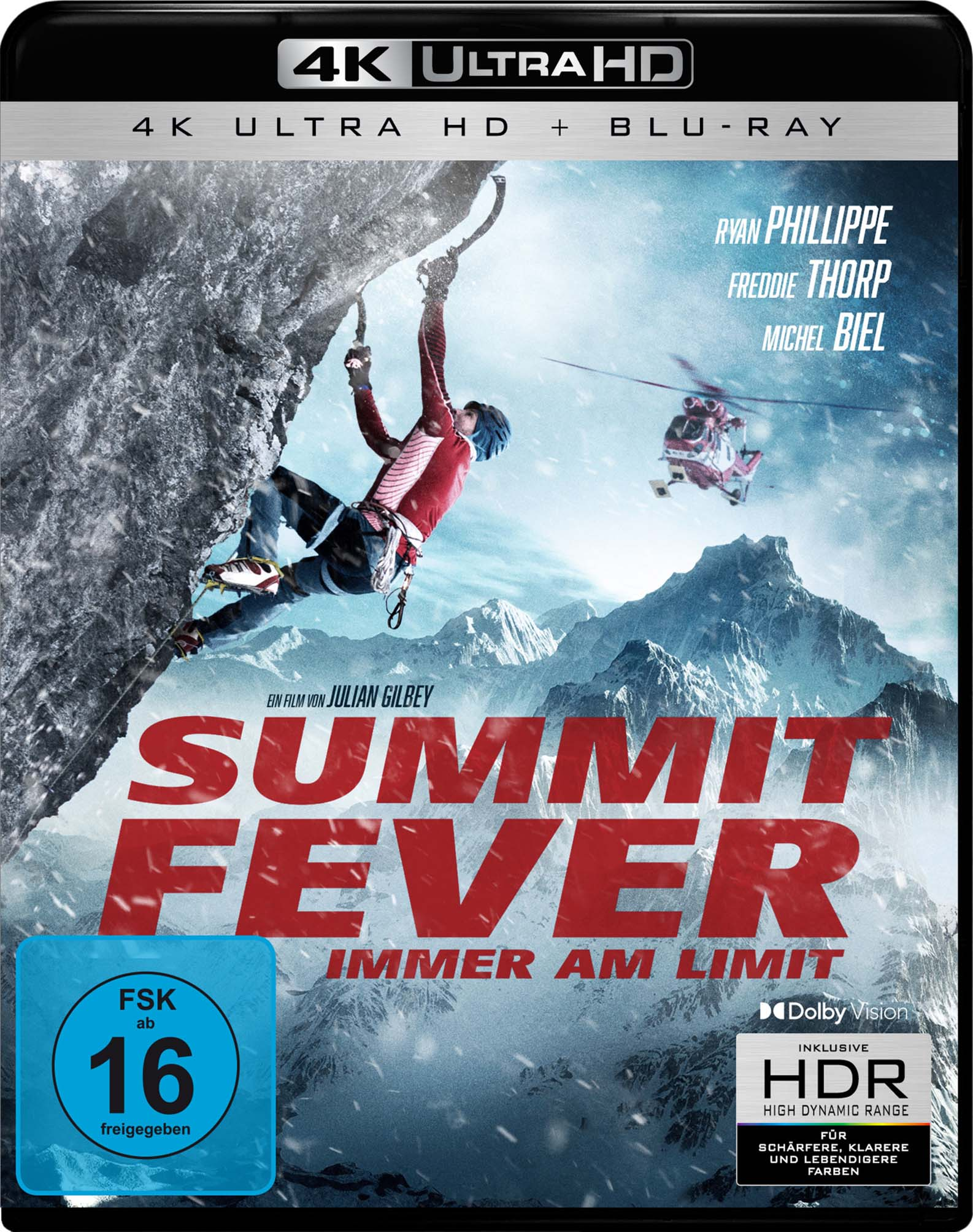 Summit Fever DVD-Cover. Bergsteiger auf schneebedecktem Berg. Hubschrauber fliegt darüber.