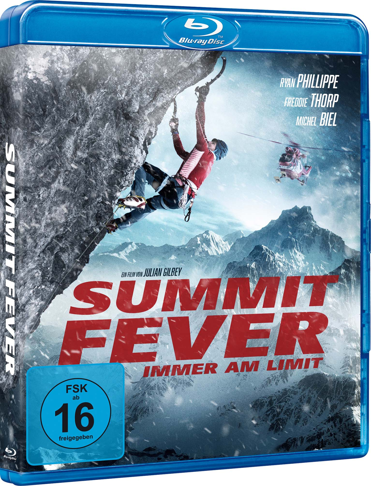 Blu-ray-Cover von 'Summit Fever'. Kletterer, Helikopter im Hintergrund, Schnee.