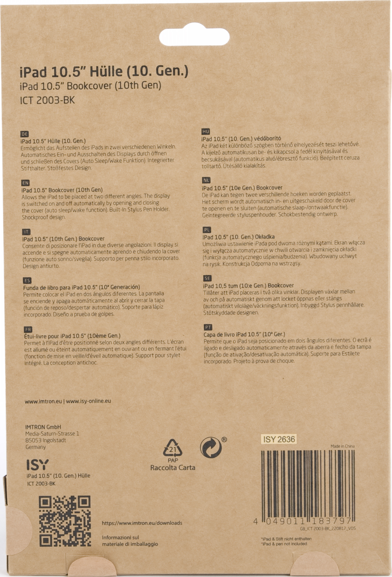 Confezione in cartone con testo multilingue che descrive una custodia per iPad.