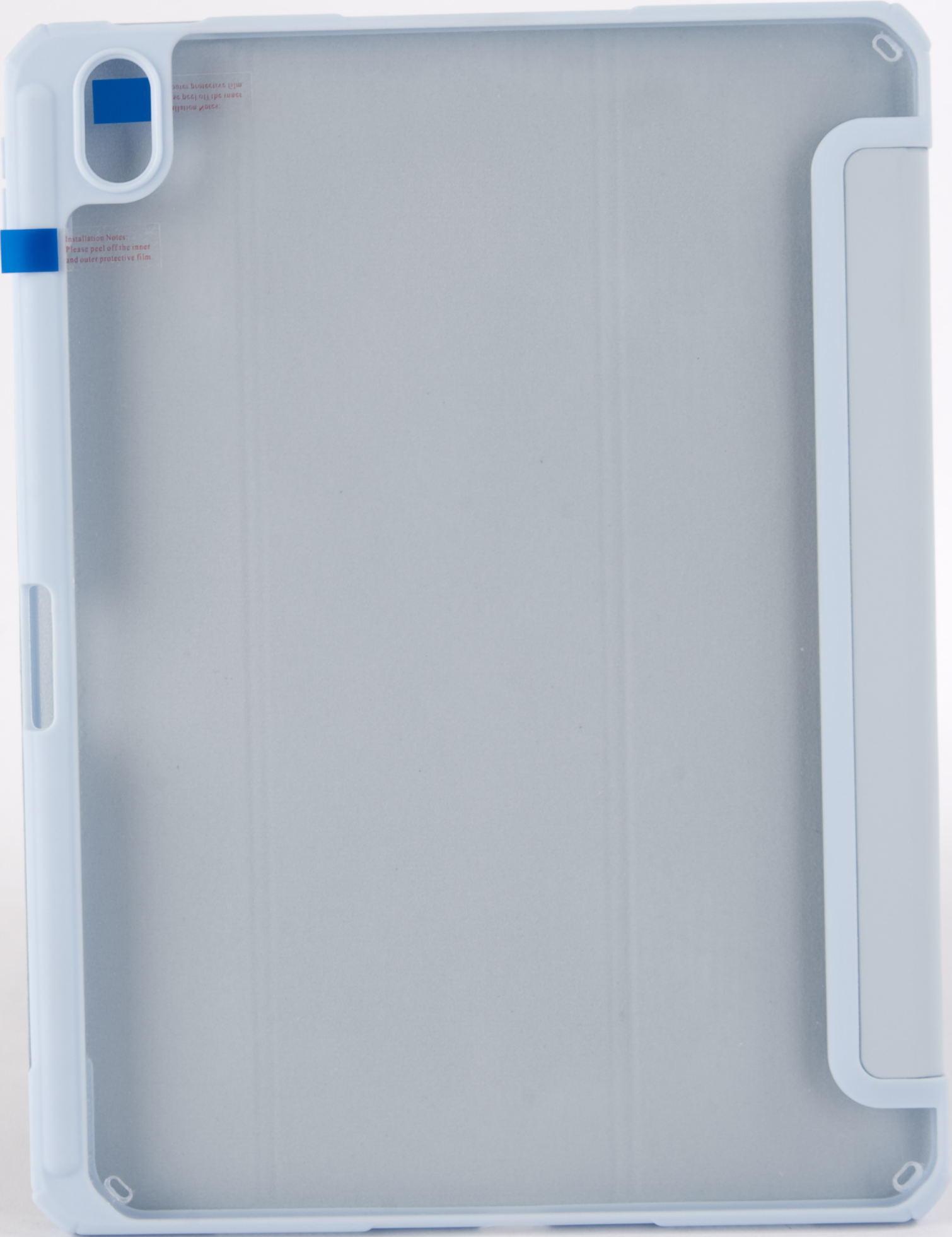 Custodia per tablet azzurra con copertura. La custodia è in plastica.