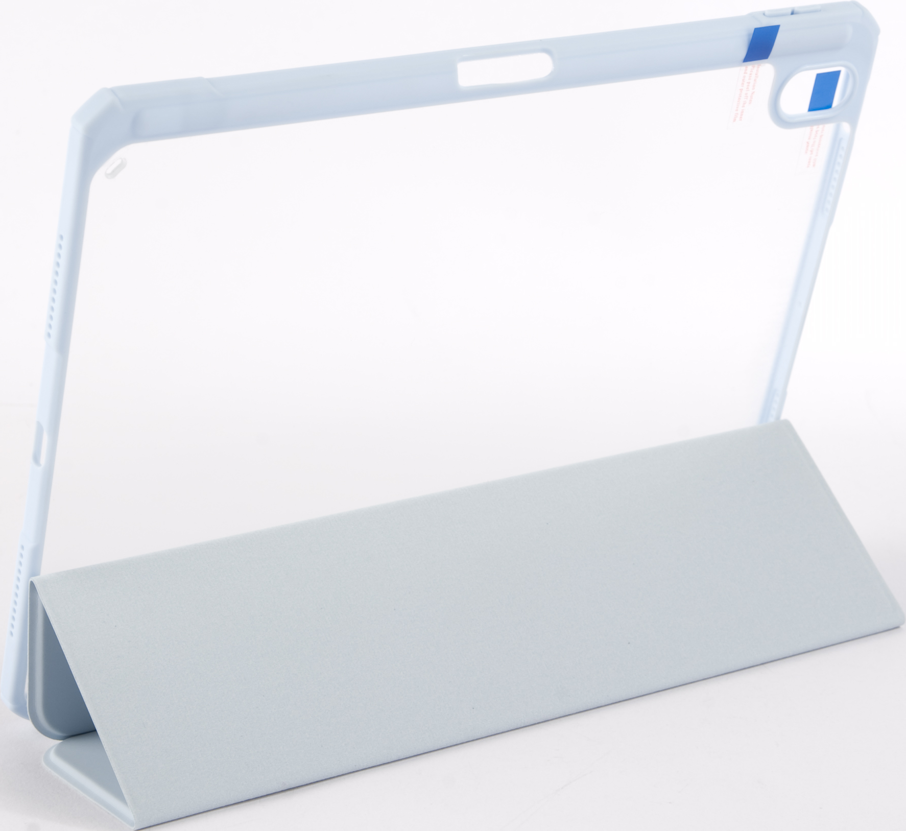 Una custodia per tablet azzurra, aperta, che mostra una protezione schermo trasparente e un lembo chiuso.