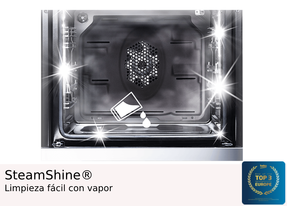 Interior de un horno con vapor. Es visible un pequeño icono de botella. Texto: SteamShine y Top 3 de Europa.