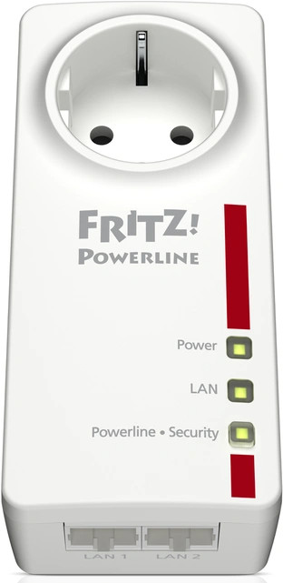 White powerline adapter with three lights and two LAN ports. It has the 'Fritz!' logo.