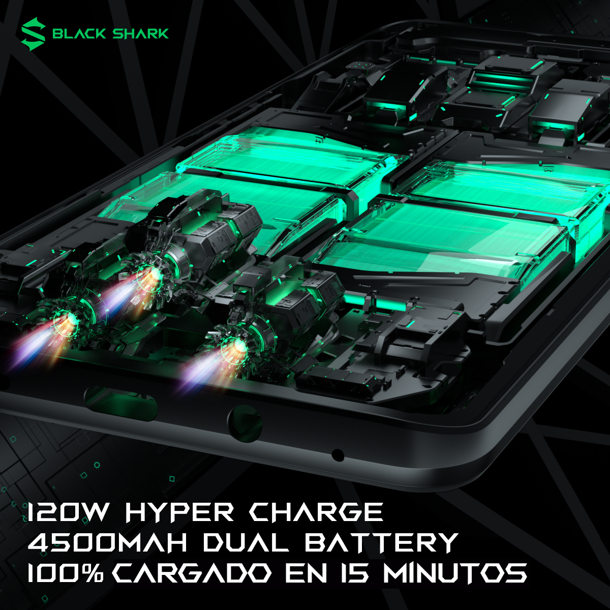 Teléfono negro con texto: 120W Hyper Charge, 4500mAh Dual Battery. Pantalla con luz verde.