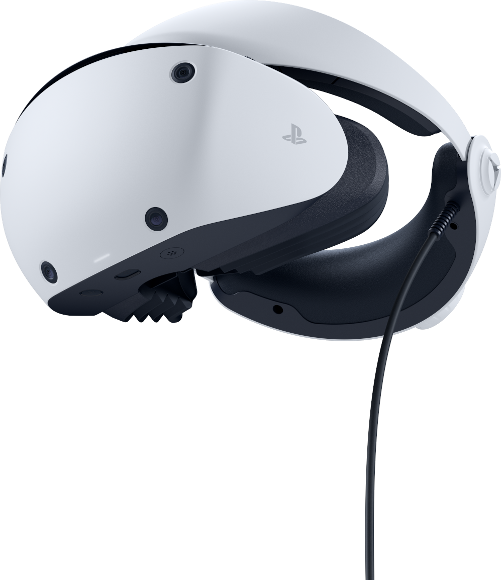 Egy fehér és fekete VR headset kábellel, oldalról nézve.