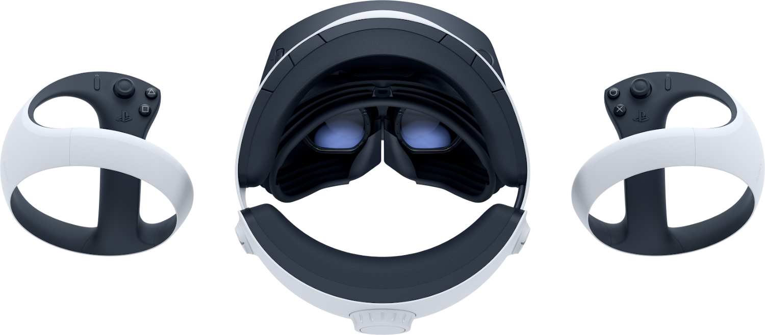 PS VR2 headset két kontrollerrel, fekete háttér előtt.