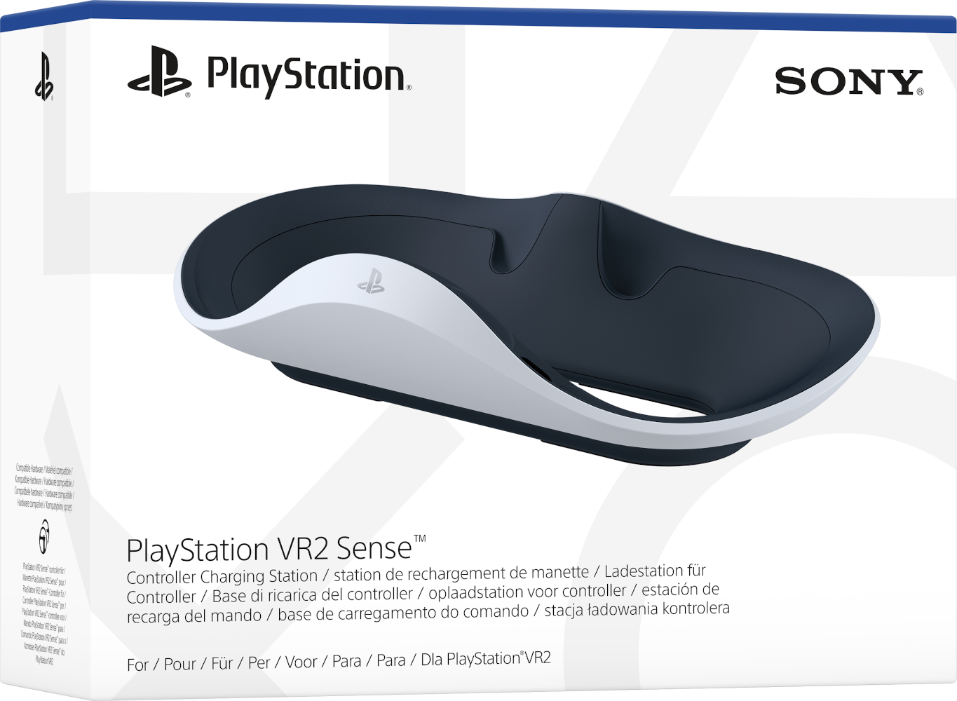 PlayStation VR2 Sense vezérlő töltőállomás fehér és fekete színben. Sony márka a dobozon.