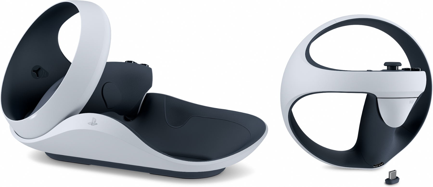 PlayStation VR2 Sense vezérlő és töltőállomás. Fehér és fekete dizájn.