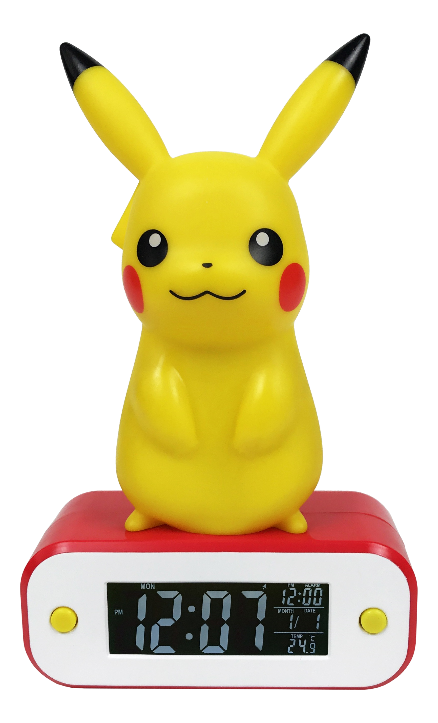 Sveglia Pikachu. Figura di Pikachu gialla su base rossa con display digitale.