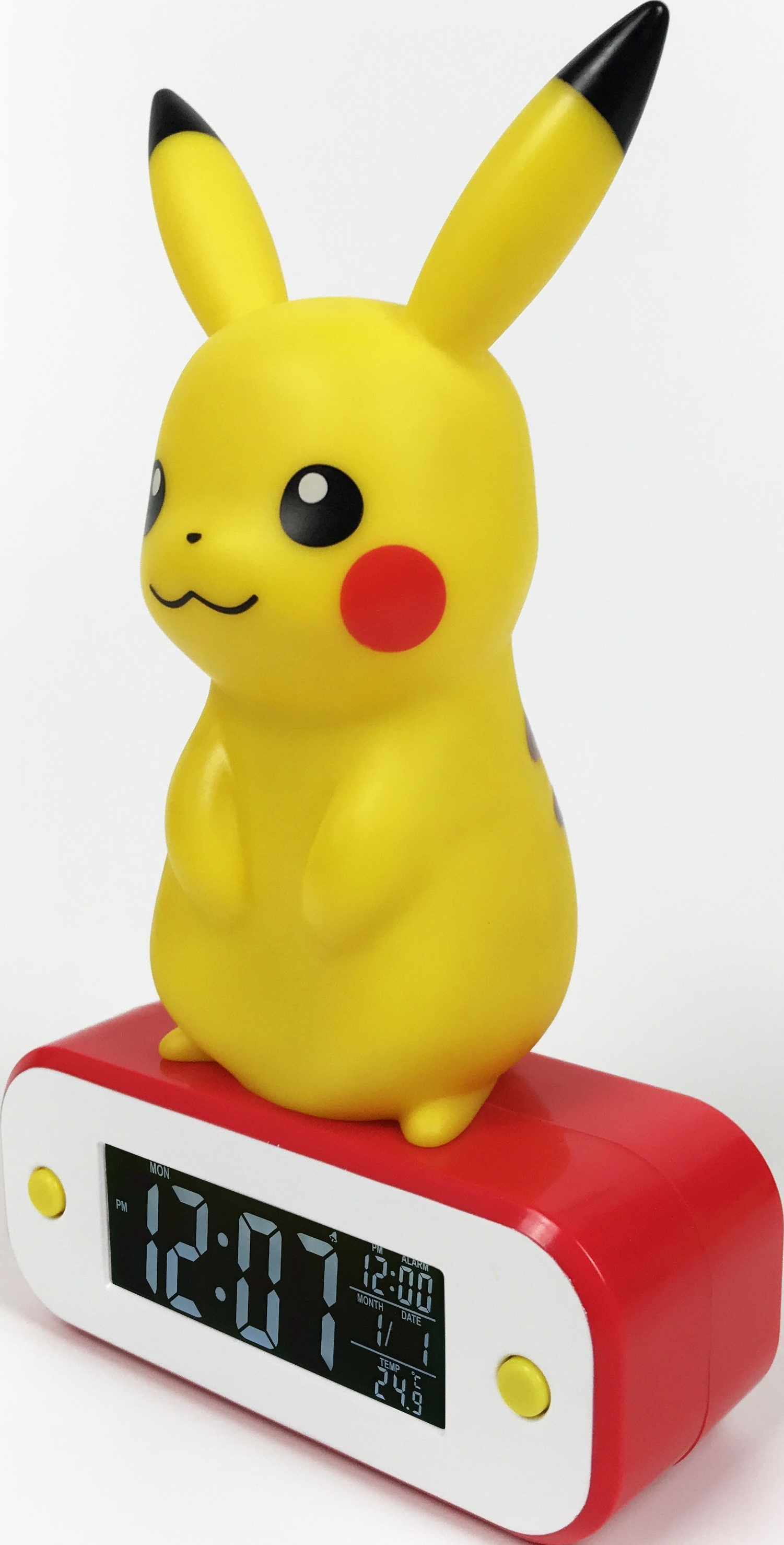Una sveglia Pikachu gialla con base rossa, che mostra l'ora.