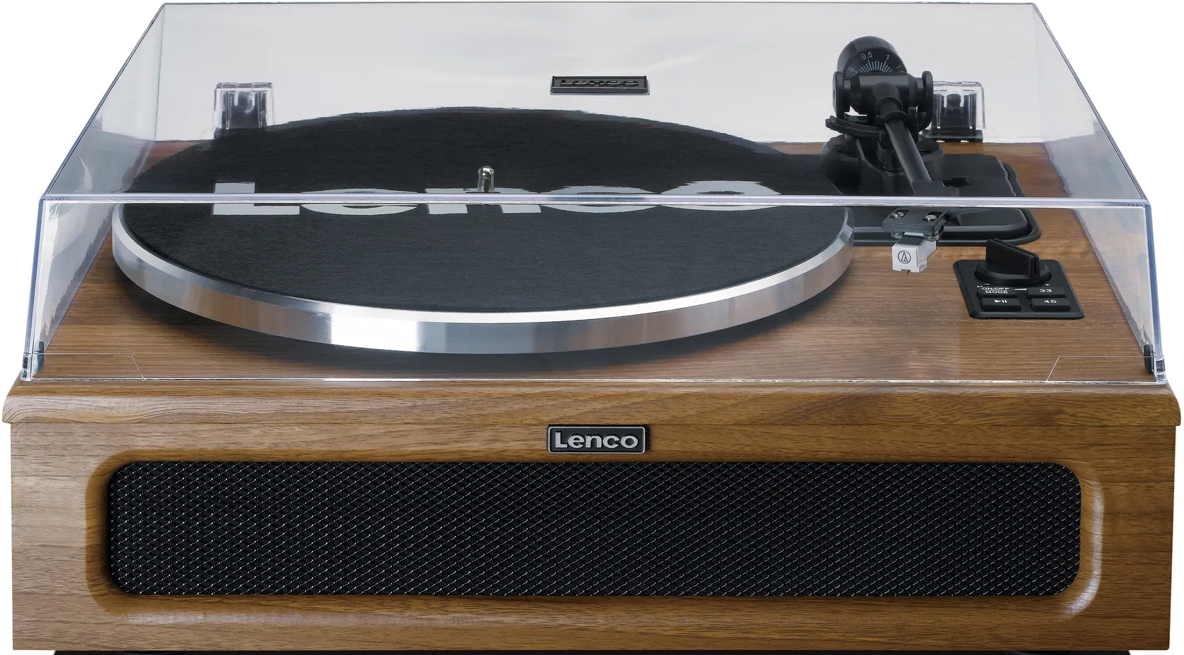 Platine vinyle avec couvercle transparent, base en bois et la marque 'Lenco'.
