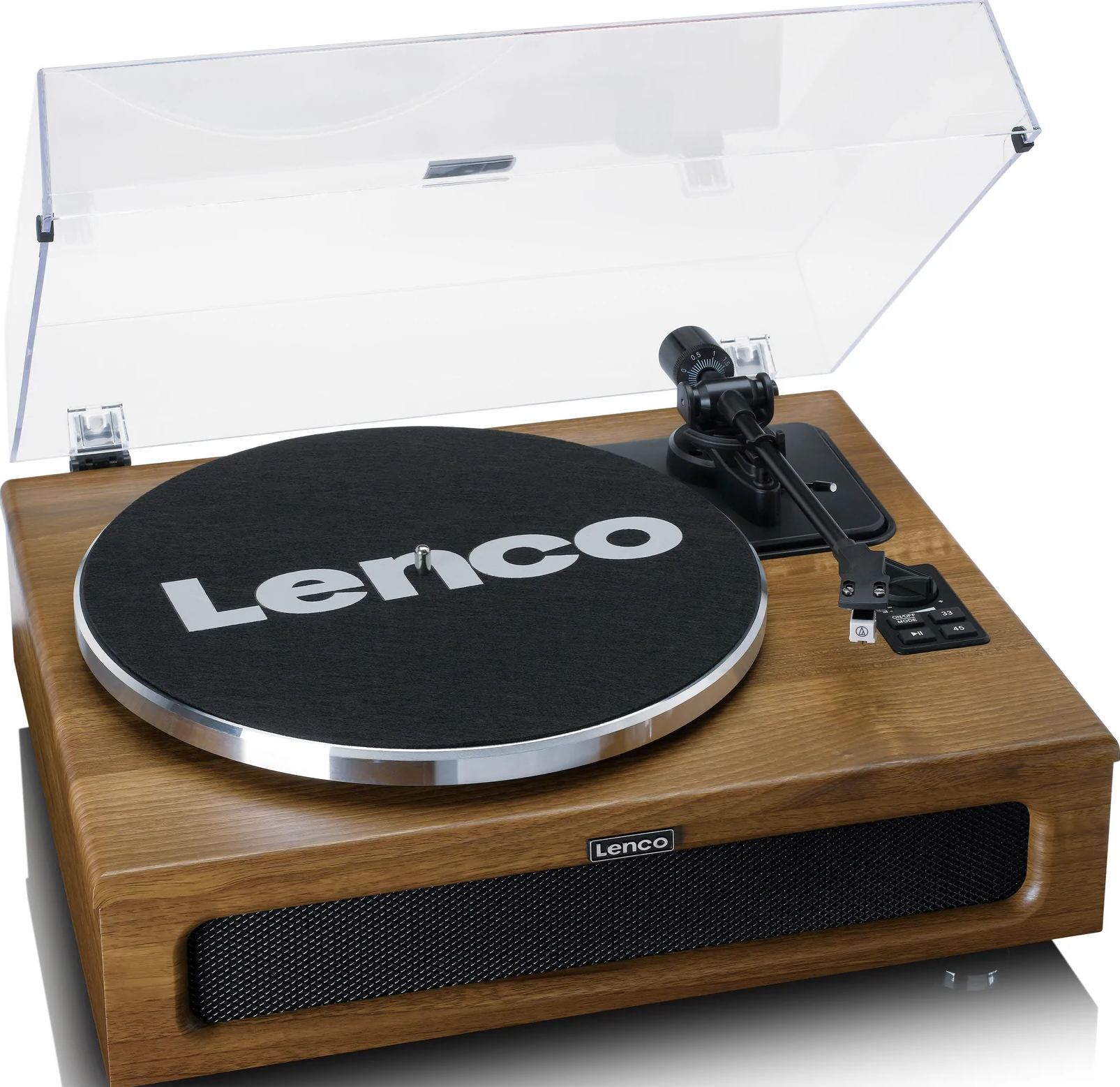 Une platine vinyle Lenco en bois avec un couvercle transparent et un disque noir en place. Il a un cadran.