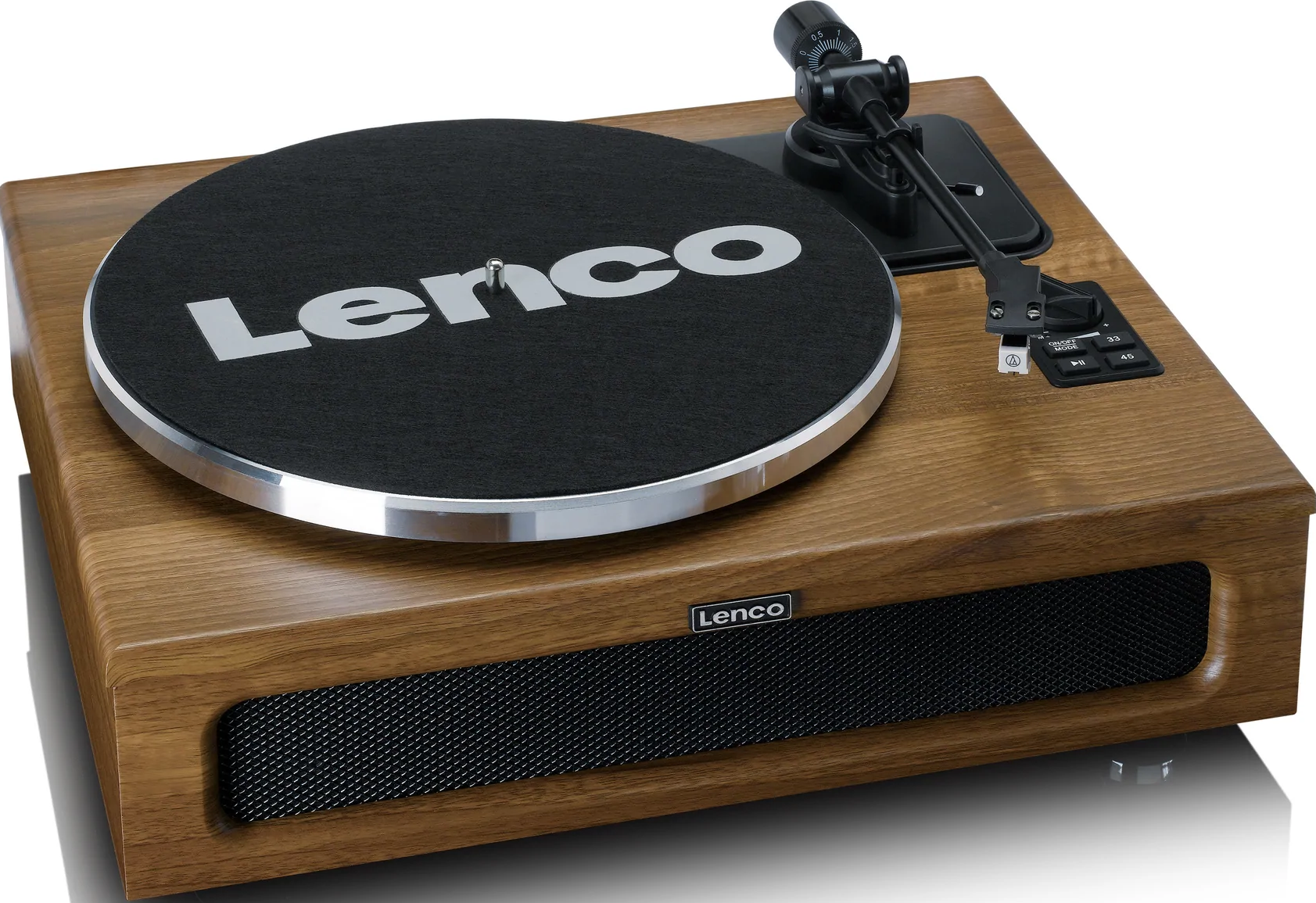 Platine vinyle Lenco en bois avec plateau noir et grille de haut-parleur.