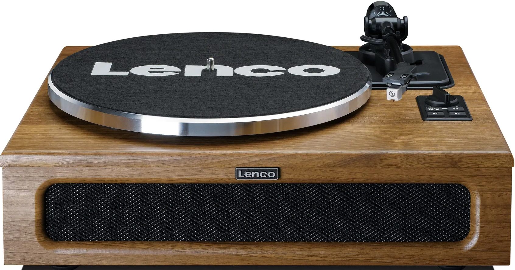 Platine vinyle grain de bois avec plateau noir et bras à aiguille. Le logo Lenco est à l'avant.
