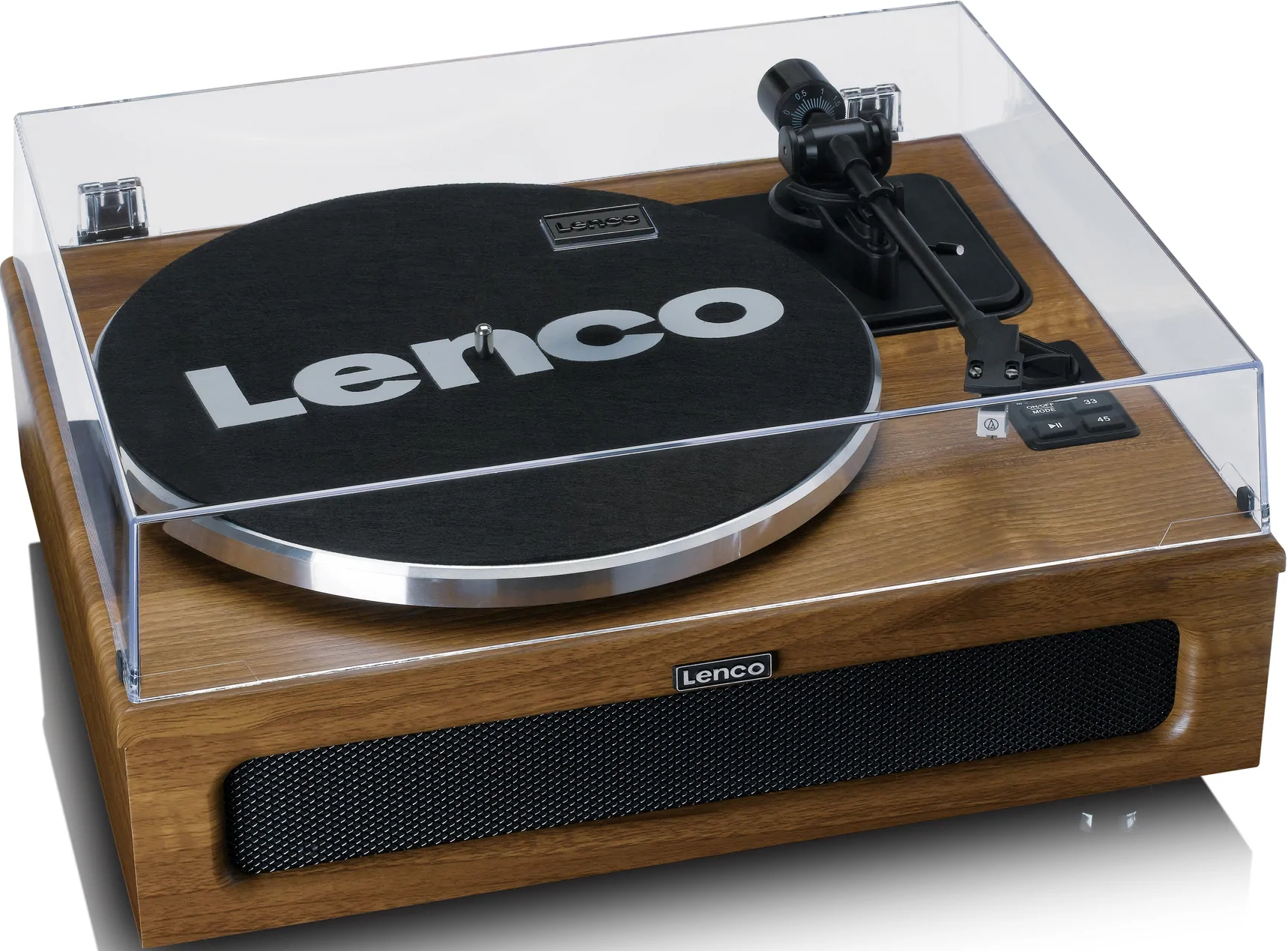 Une platine Lenco en bois avec un couvercle transparent. Le disque est noir avec le texte Lenco en blanc. Les haut-parleurs sont visibles.