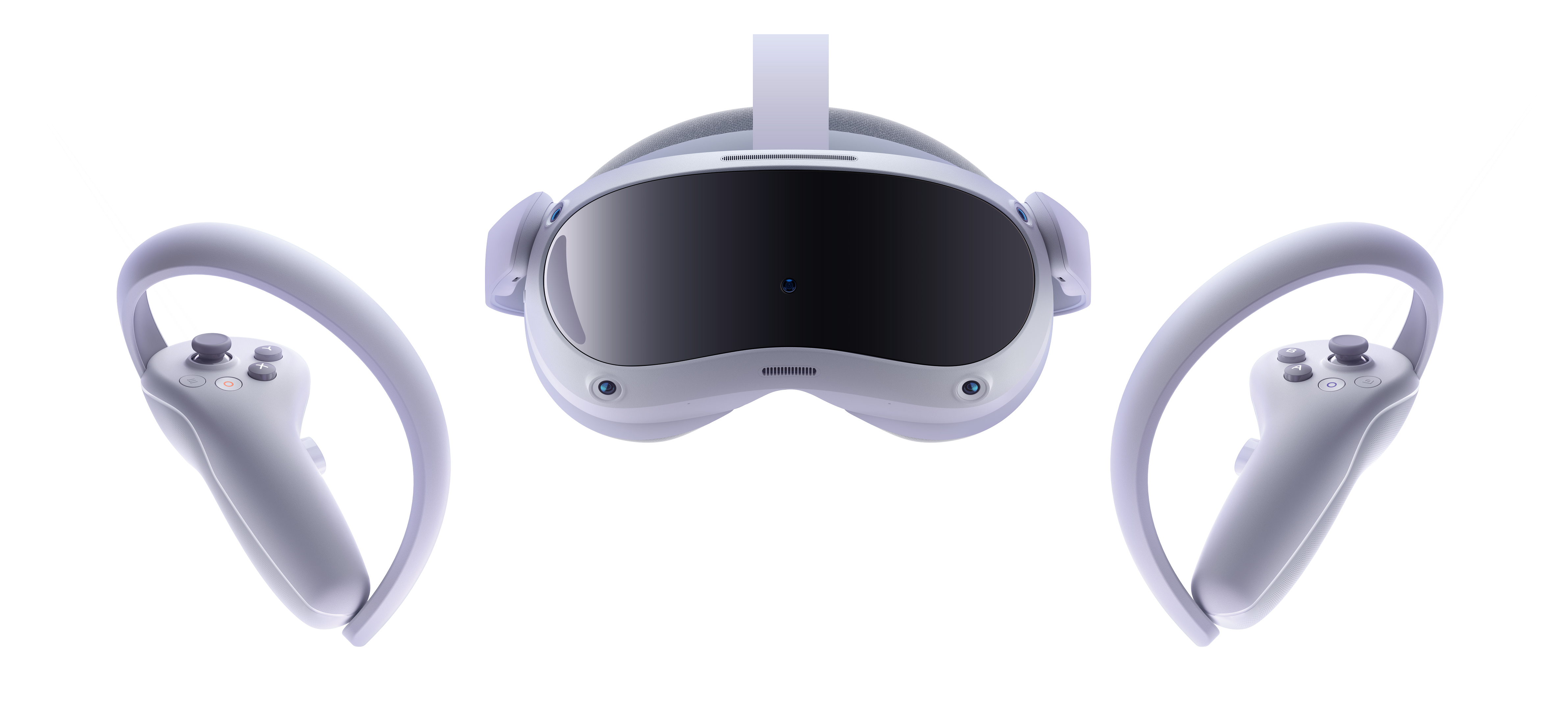 Weiße VR-Brille und zwei weiße Controller. Das Headset hat ein dunkles Visier und einen Riemen oben.